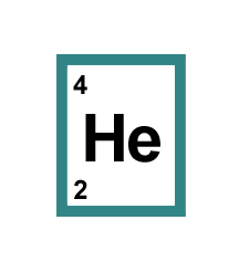 Symbol for helium, He, with an atomic number of 2, and a mass number of 4