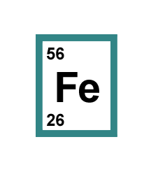 Symbol for iron, Fe, with an atomic number of 26, and a mass number of 56